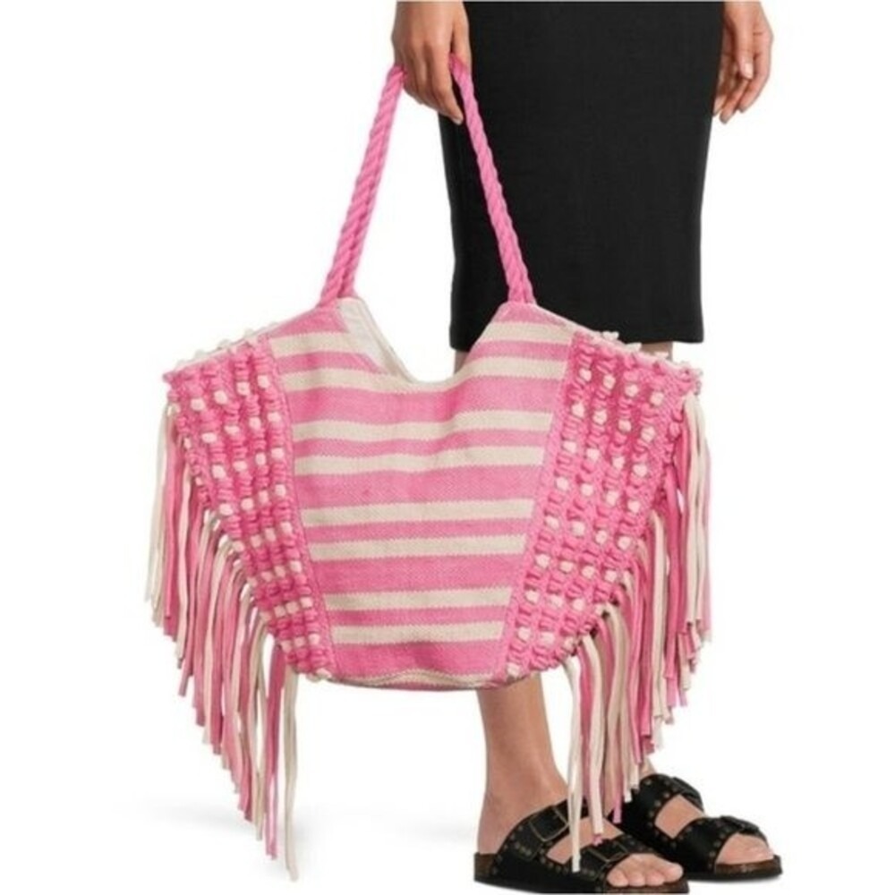 Maxi Tote Carry All Beach Coastal Fringe Woven Vacation Shoulder Pink Cream